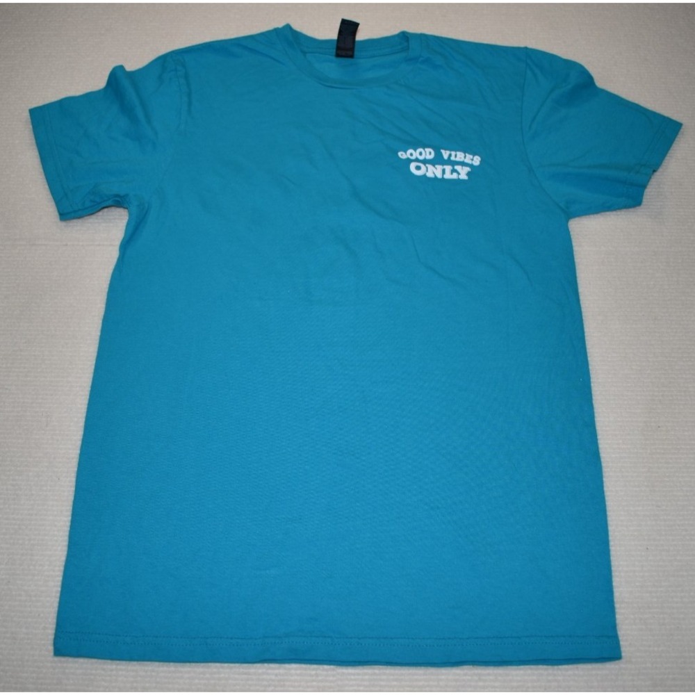 Gildan Softstyle T-Shirt : "Only Good Vibes" "Blue Earth Market" Back, Blue, Sm